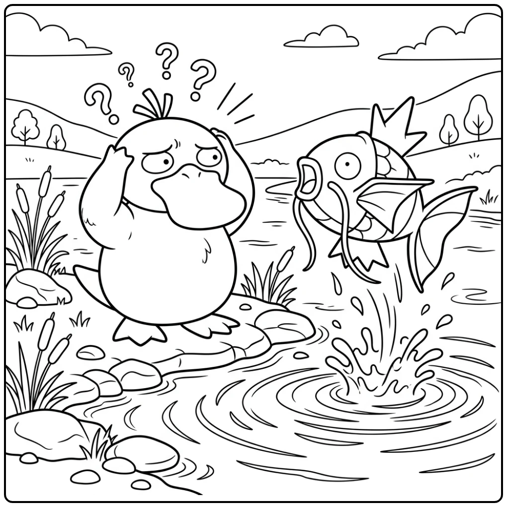 Verwarde Psyduck kijkt naar speelse Magikarp op deze psyduck kleurplaat