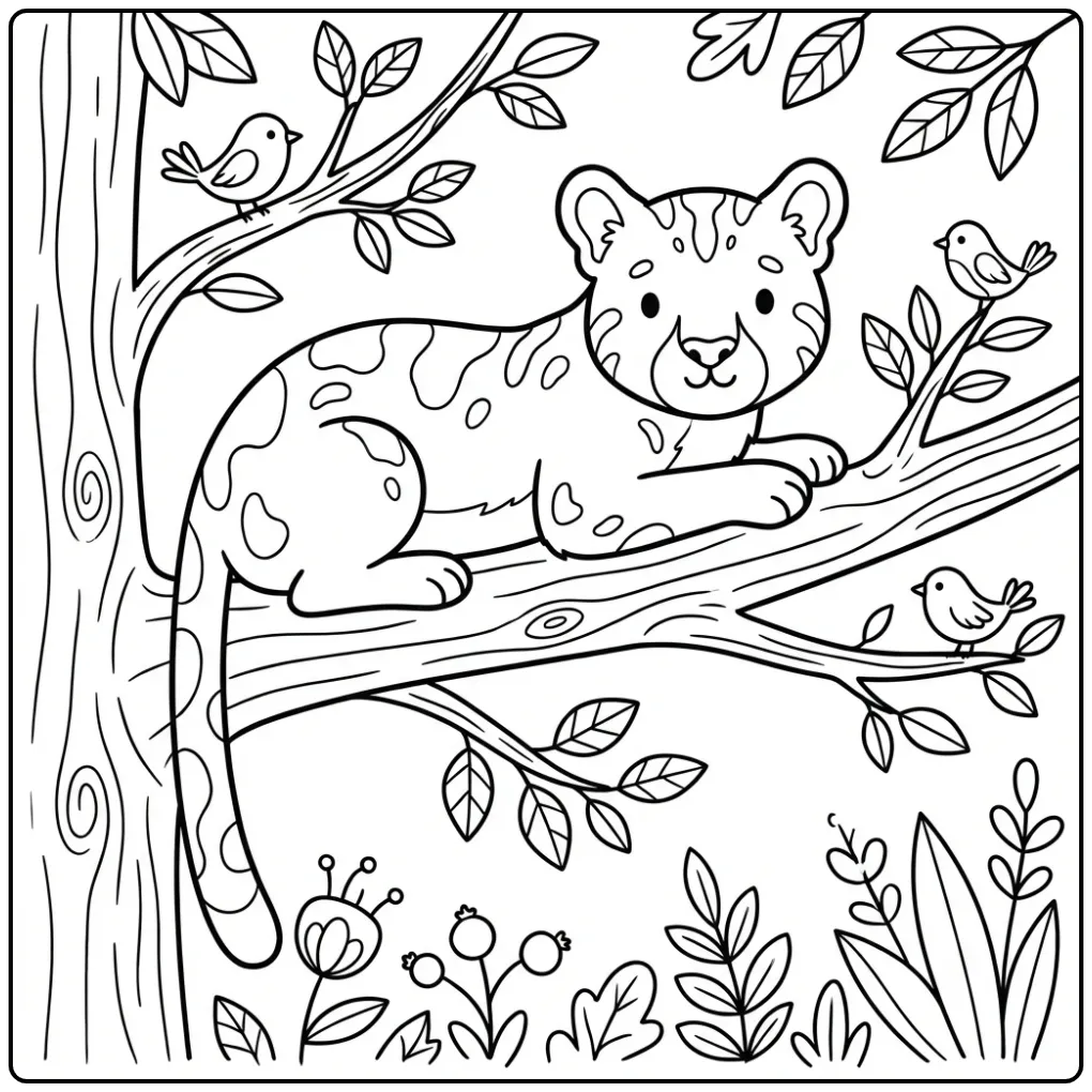 Schattige rustende puma kleurplaat op een boomtak.