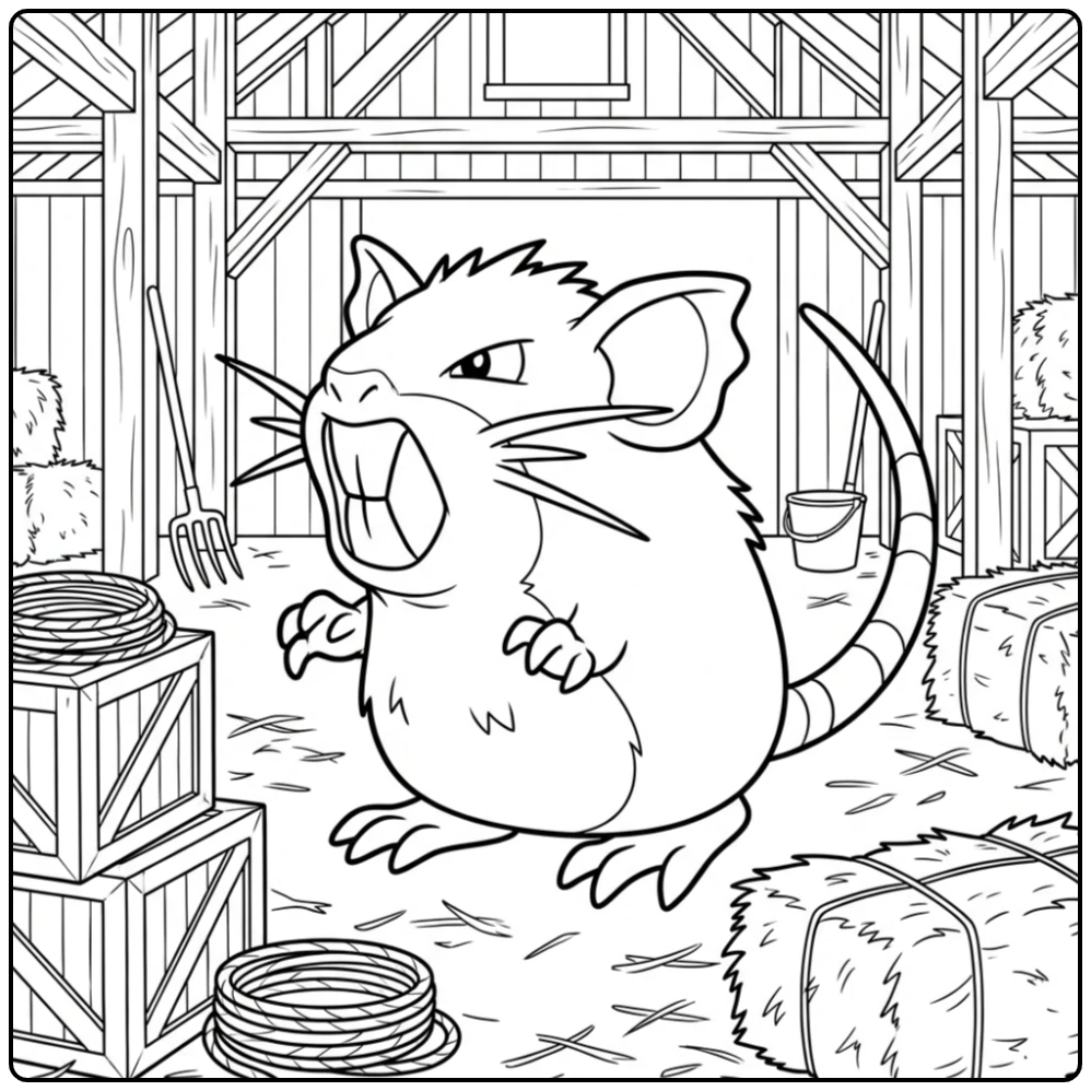 Raticate kleurplaat in een schuur met houten kratten.