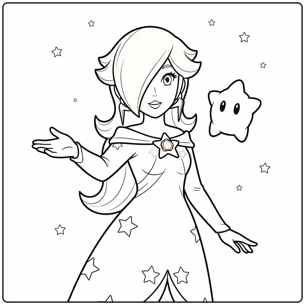 Mooie rosalina kleurplaat met een Luma en kleine sterren.