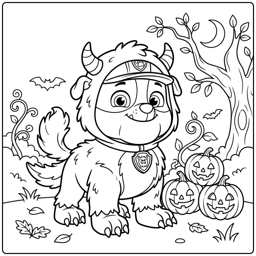 Rubble als vriendelijk monster, paw patrol halloween kleurplaat.