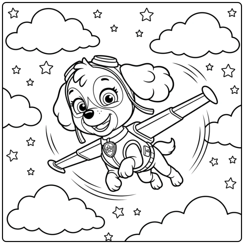 Skye Paw Patrol kleurplaat: vrolijke Skye in luchtige spin met vleugels.