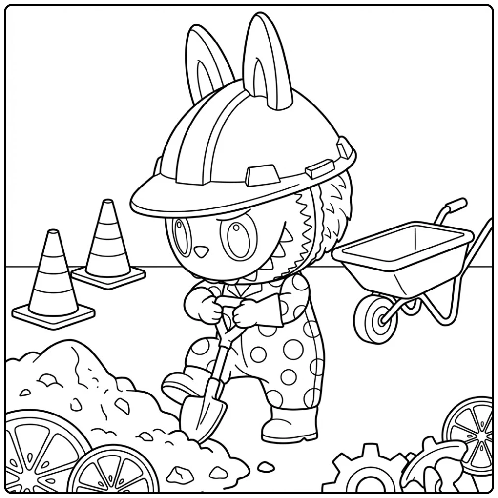 Sliced Sugar kleurplaat: personage graaft met helm op bouwplaats.