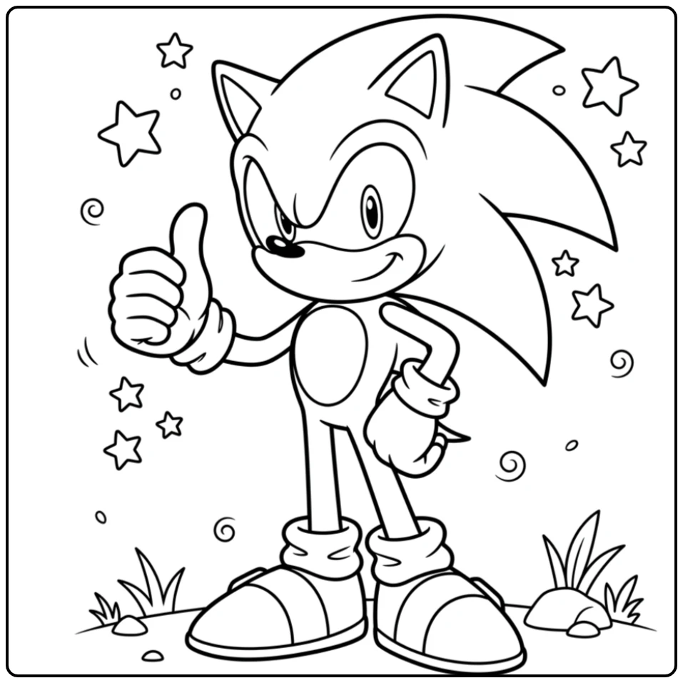 Vrolijke sonic kleurplaat met duim omhoog en speelse sterren
