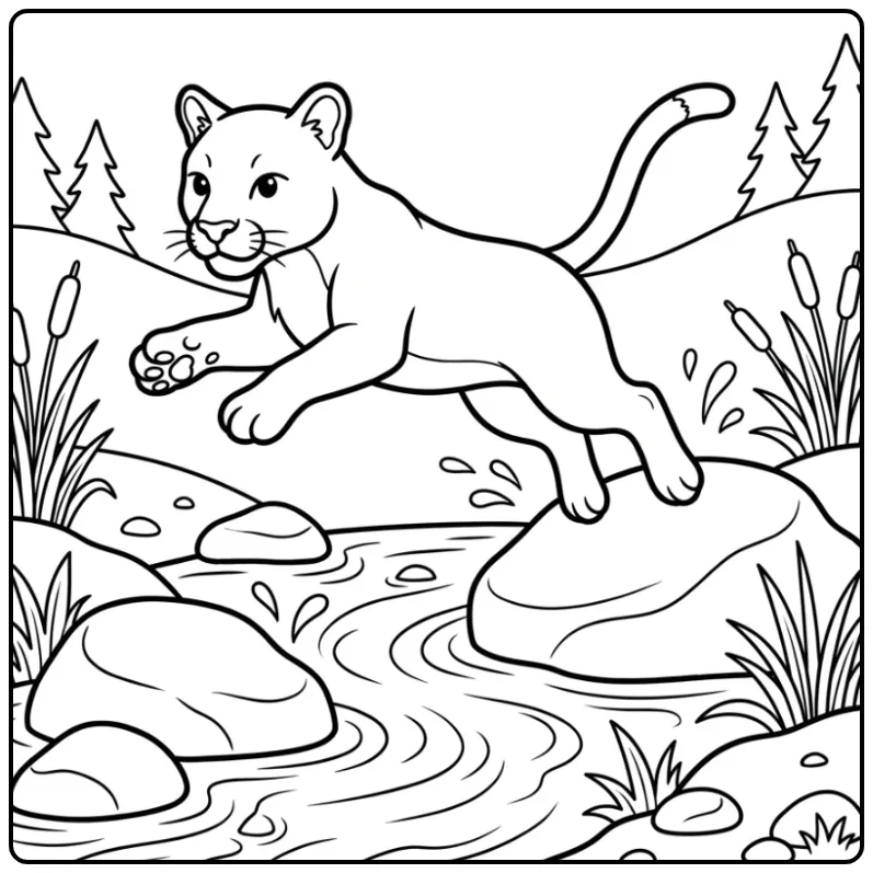 Schattige cartoon puma kleurplaat bij een beekje.