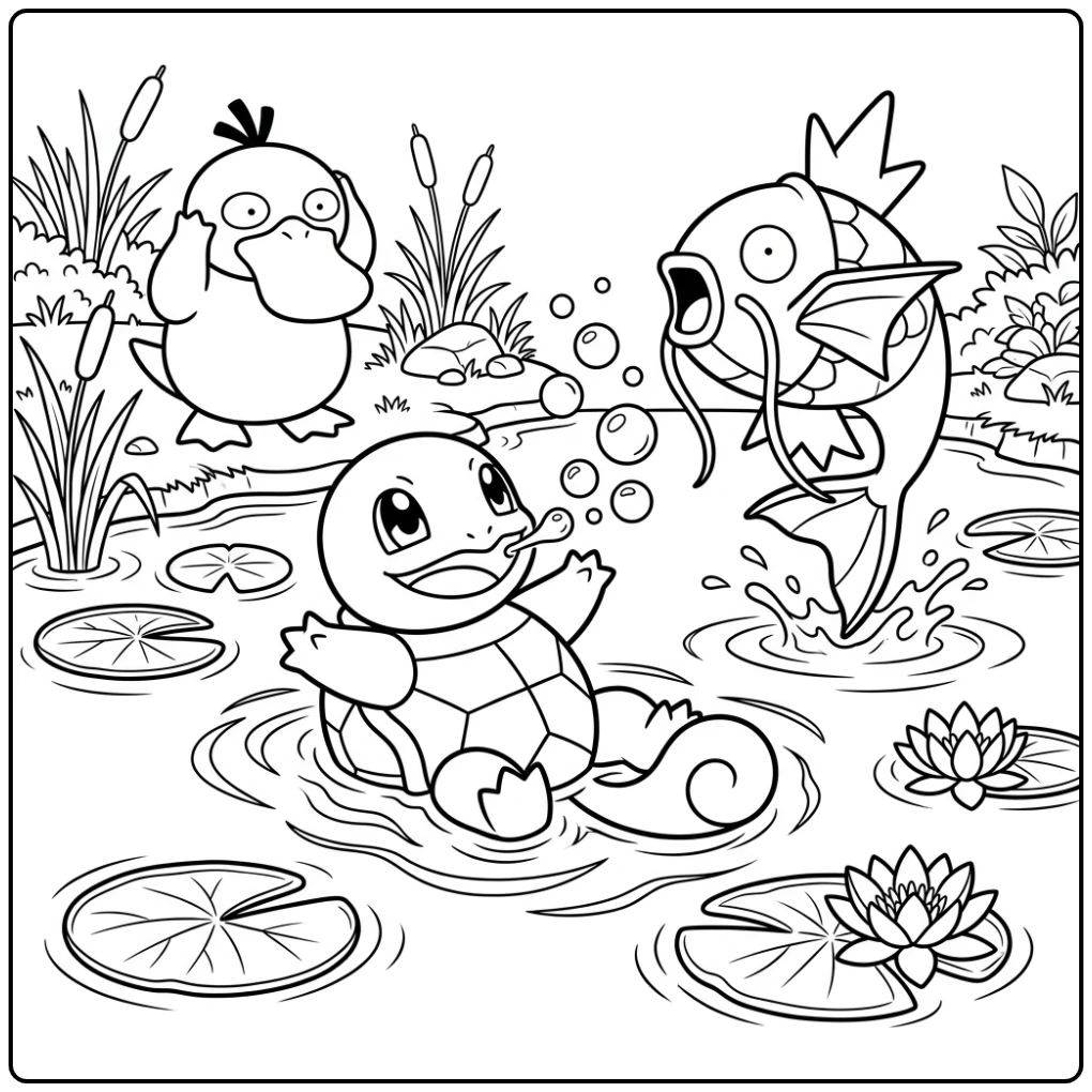 Speelse squirtle kleurplaat met bubbels, Magikarp en Psyduck.
