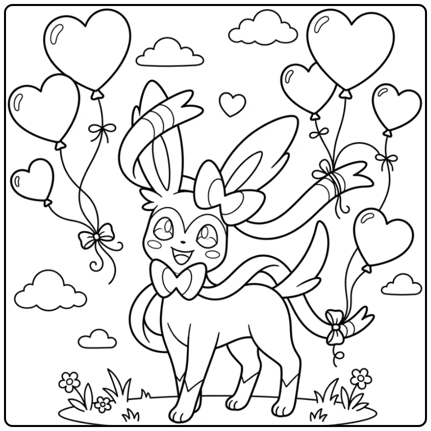 Vrolijke sylveon kleurplaat met hartjesballonnen en wolken.