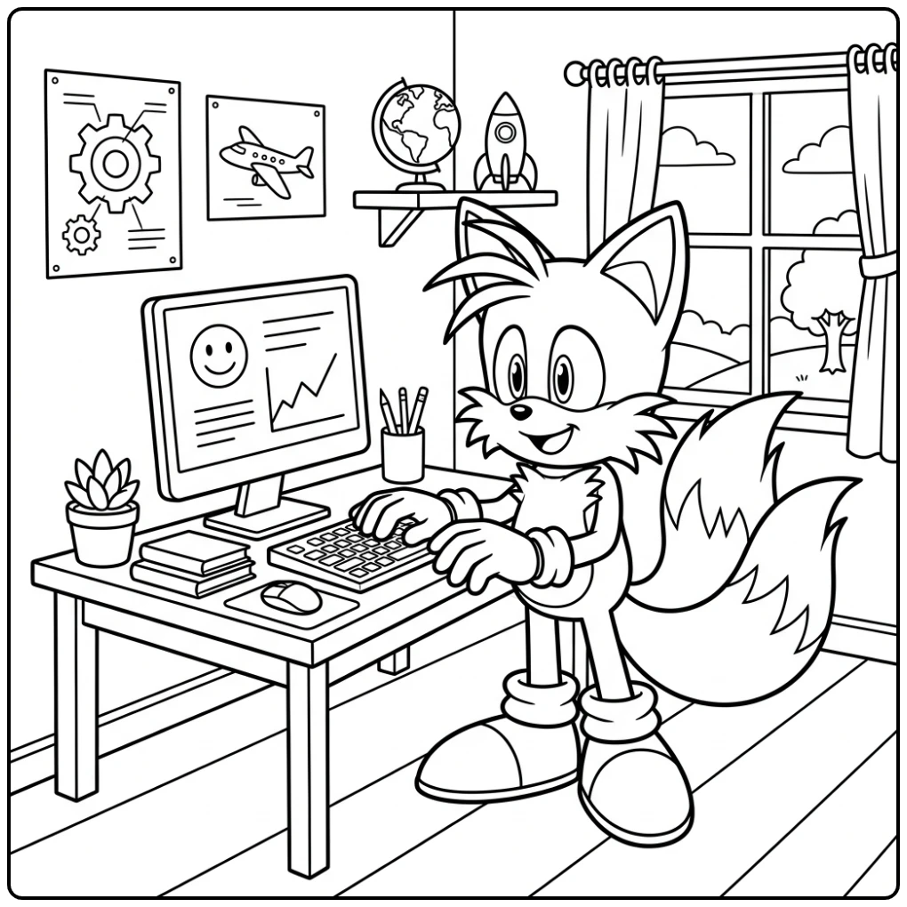 Tails kleurplaat: Vriendelijke Tails typt lachend bij zijn computer.