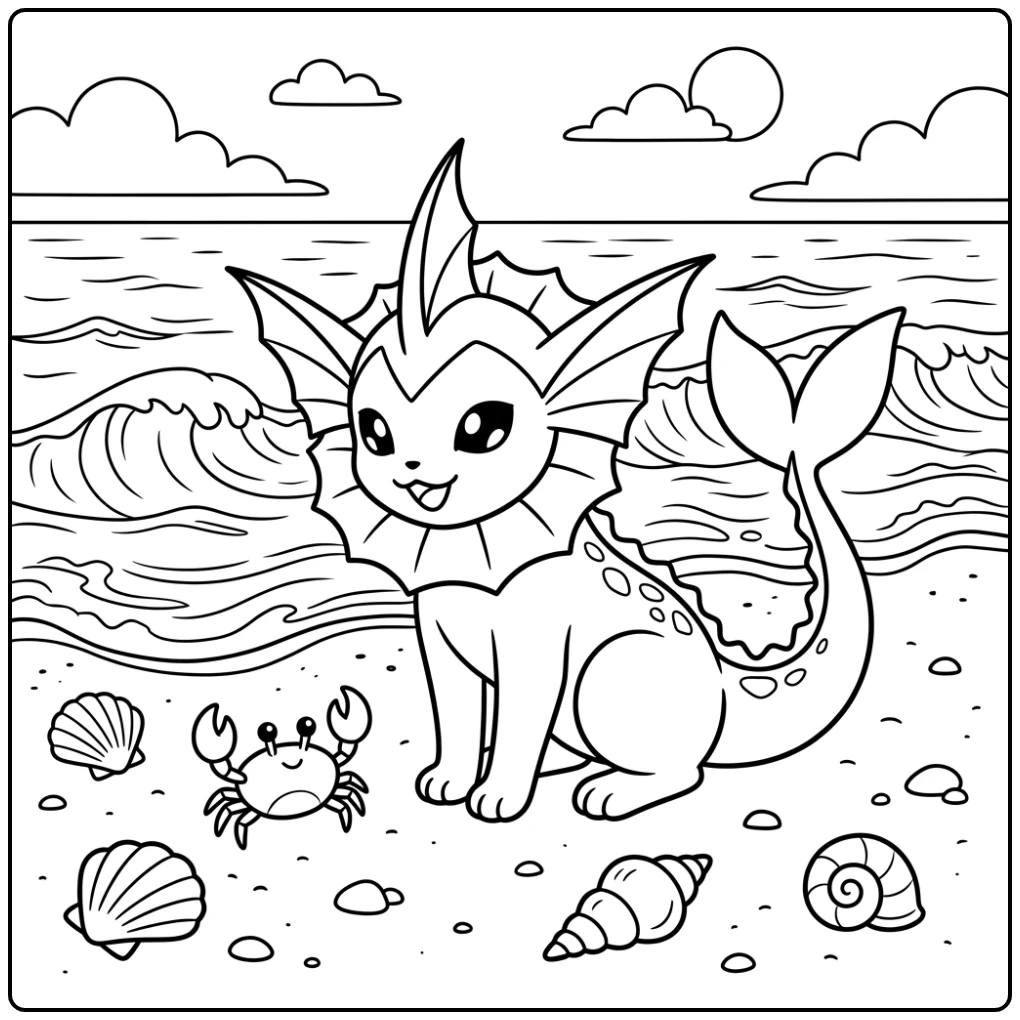 Vaporeon kleurplaat: Vaporeon kijkt nieuwsgierig naar krab op strand.