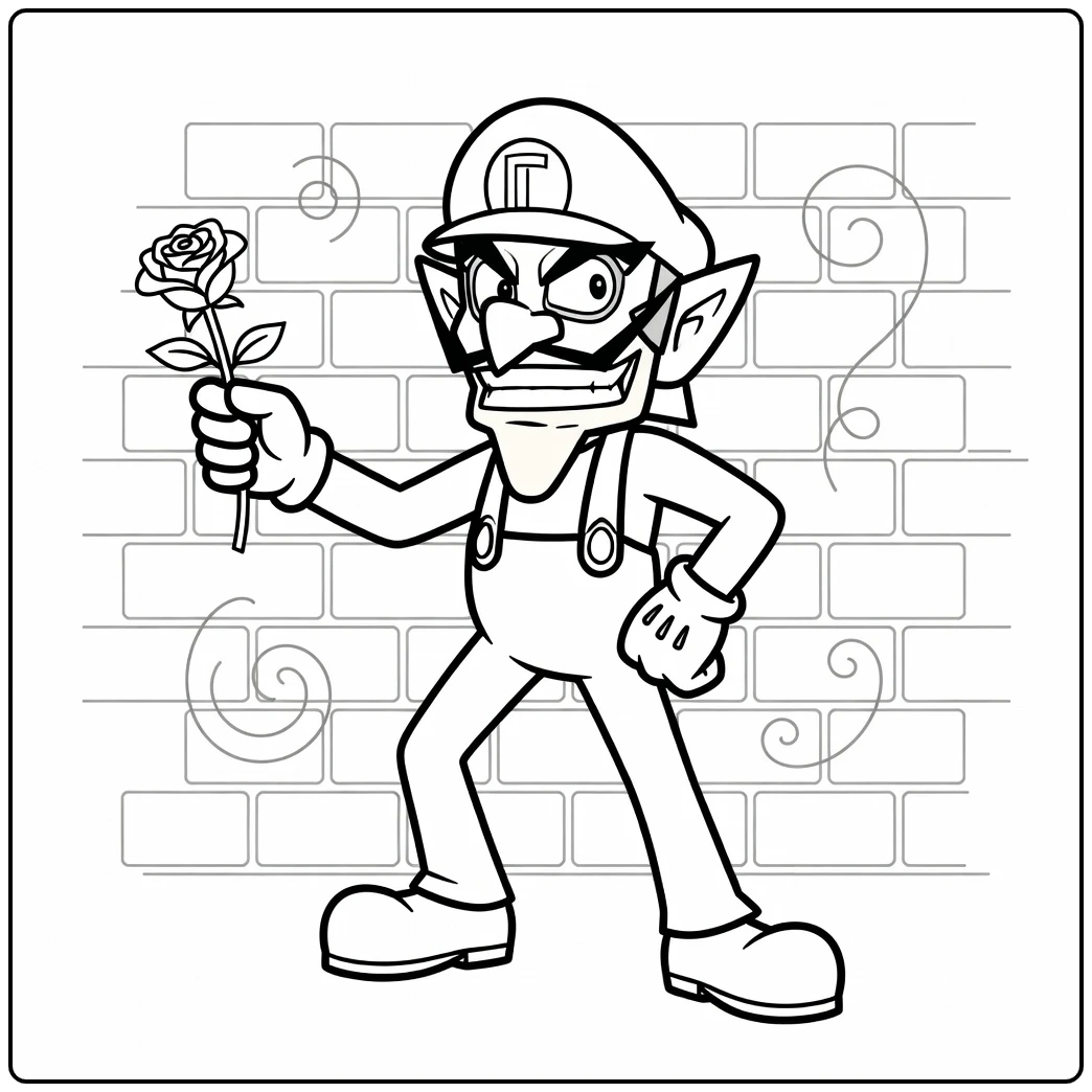 Grappige waluigi kleurplaat met een roos in zijn hand.