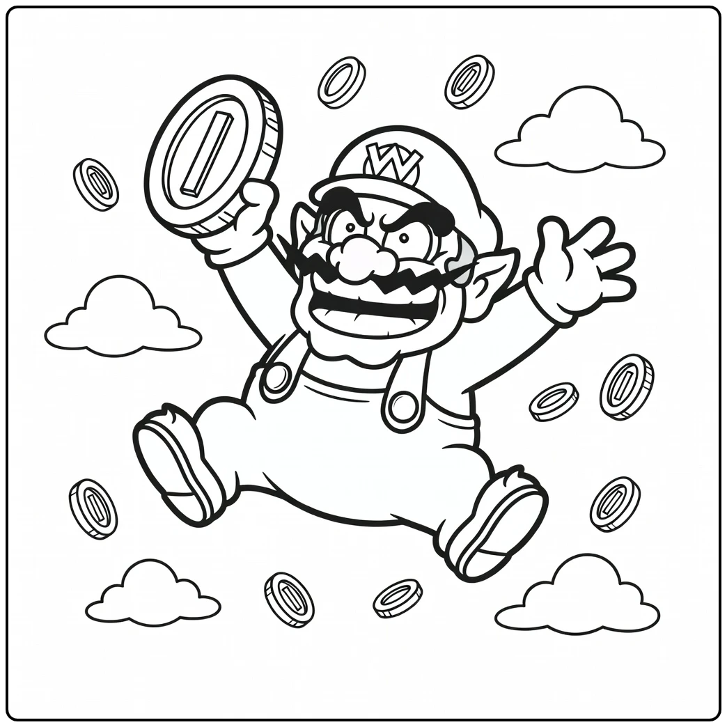Springende Wario met een grote munt op deze wario kleurplaat.