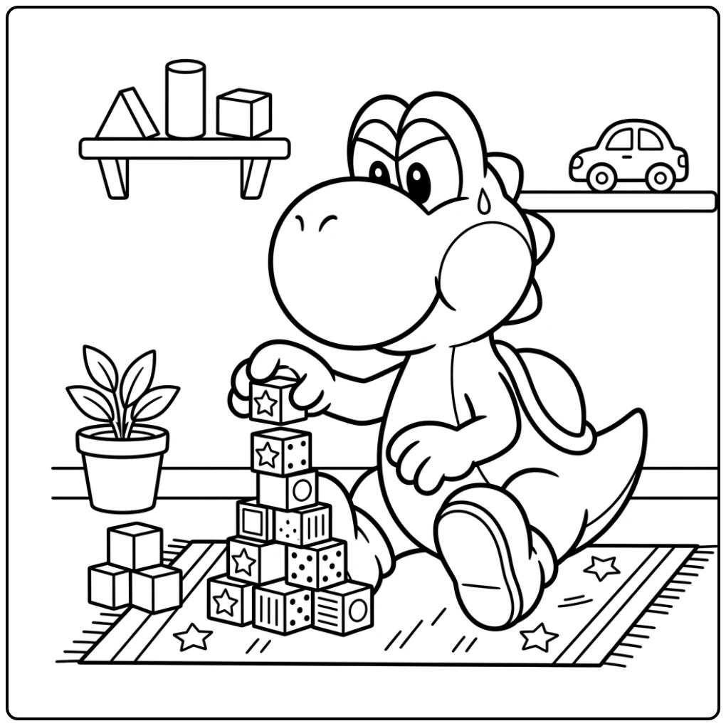 Yoshi kleurplaat: Yoshi bouwt geconcentreerd een blokkentoren.