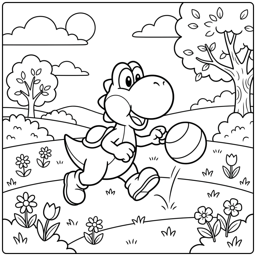 Yoshi kleurplaat: vrolijke Yoshi speelt met een stuiterbal in het gras.