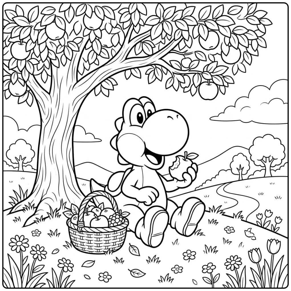 Lachende Yoshi kleurplaat onder boom, fruit etend uit mandje.