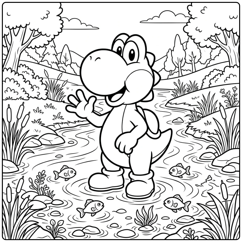 Yoshi kleurplaat: avontuur in de rivier met zwemmende visjes.
