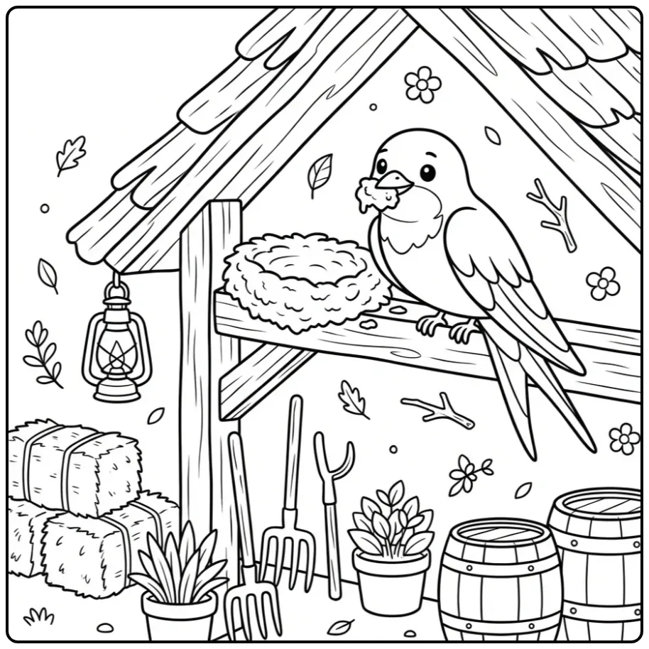 Schattige zwaluw kleurplaat bouwt een nest in de schuur.