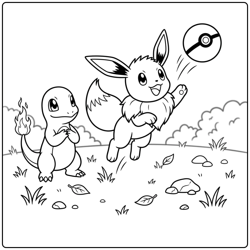 Eevee kleurplaat: speelse Eevee springt naar Poké Ball, Charmander kijkt toe.