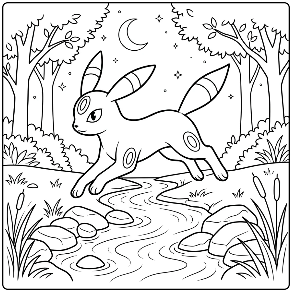 Umbreon kleurplaat van Umbreon dat over een nachtelijke beek springt.