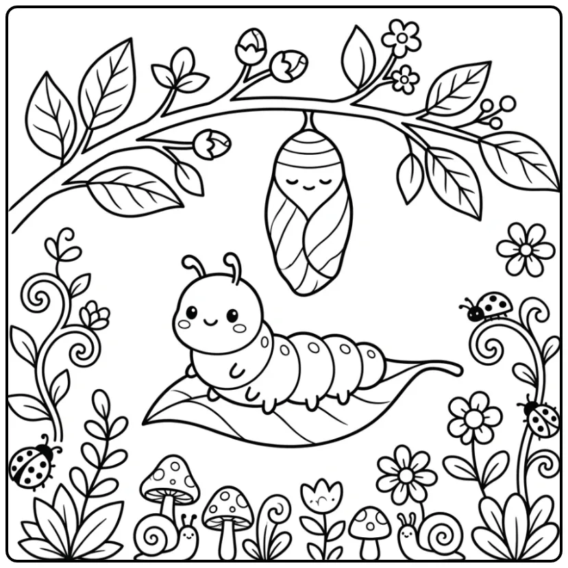 Schattige rups onder een pop, leuke rups kleurplaat.