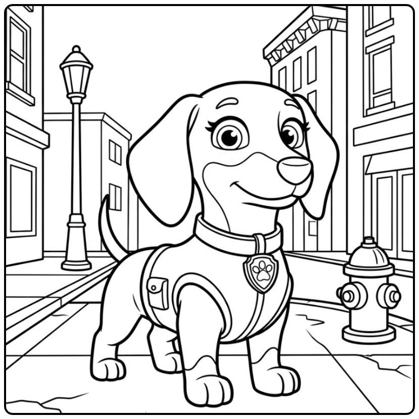 Stoere kleurplaat paw patrol liberty, klaar voor avontuur in de stad.