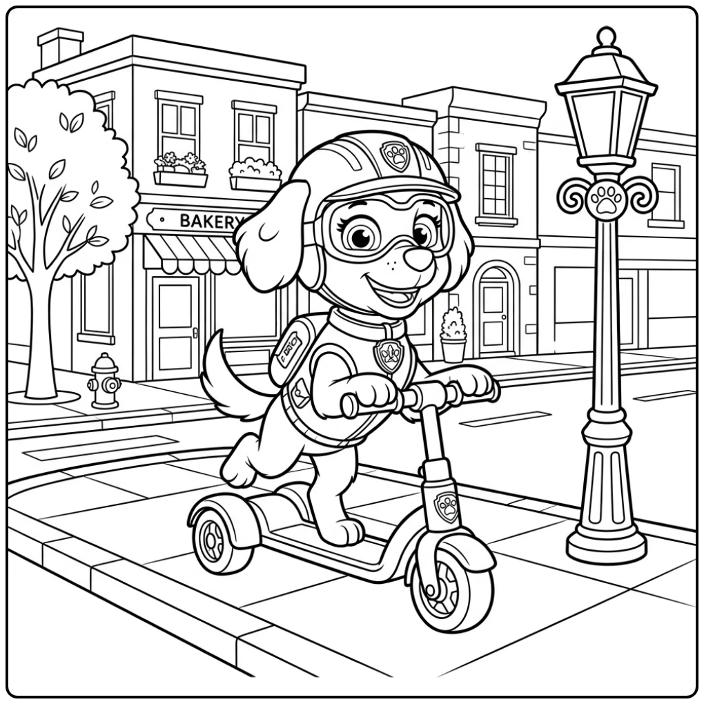 Liberty op haar scooter in de stad, paw patrol auto kleurplaat actie