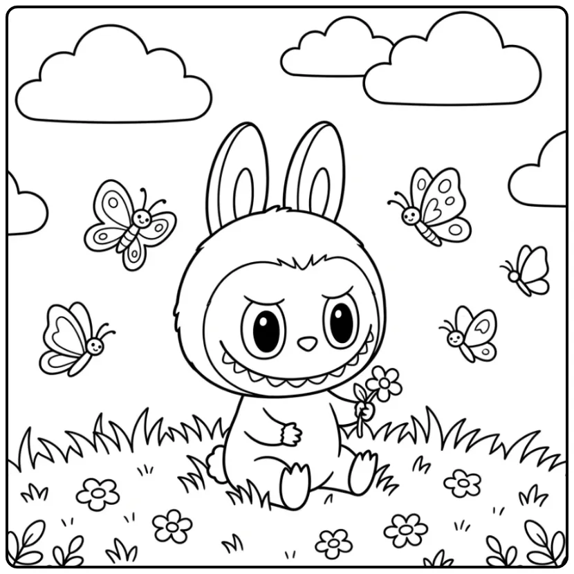 Schattige baby labubu kleurplaat in het gras met een bloem