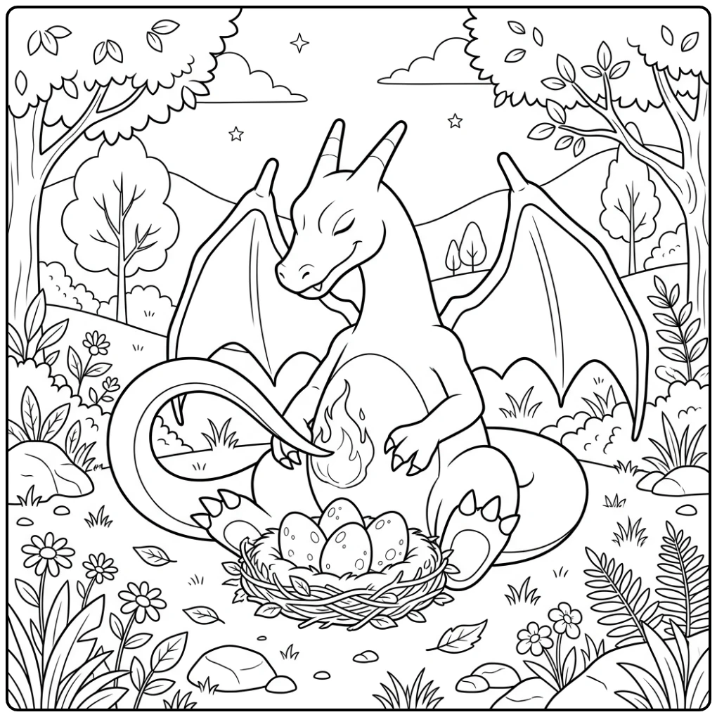 Rustige charizard kleurplaat: Charizard warmt eieren met staartvlam