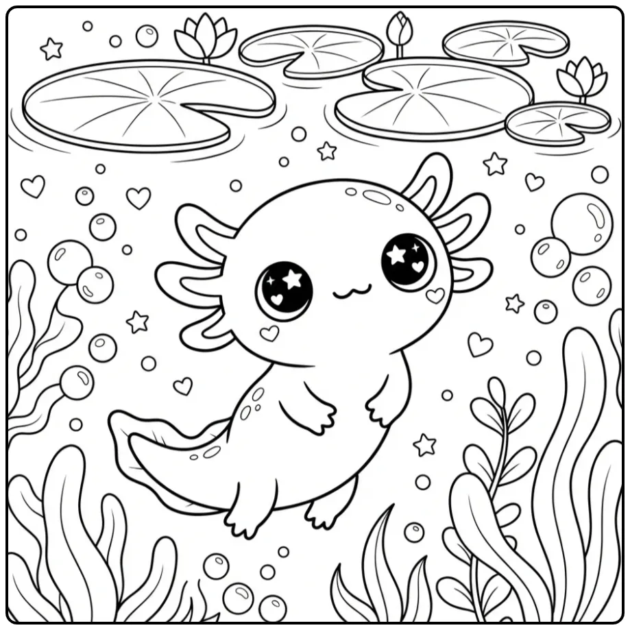Zwemmende kawaii axolotl kleurplaat met luchtbellen.