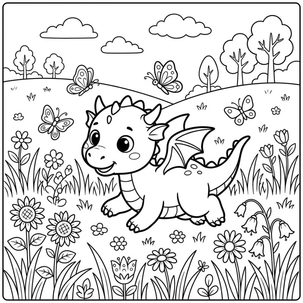 Schattige baby kleurplaat draak in een weide met bloemen.