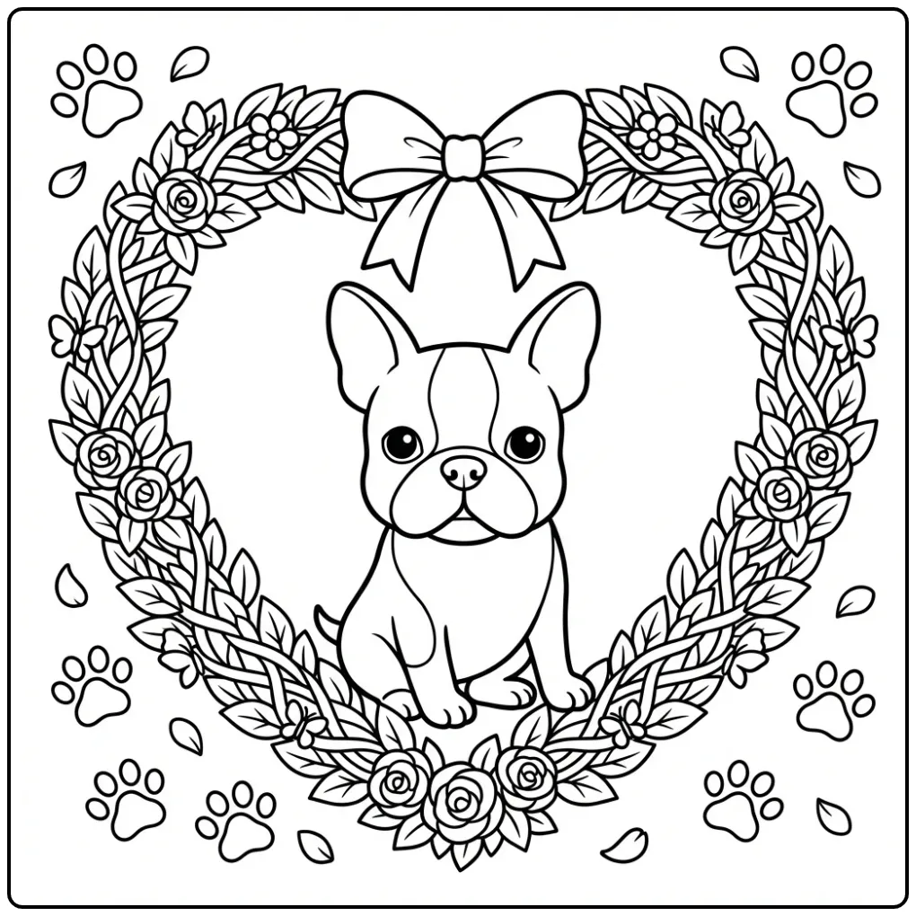 Schattige kleurplaat hondje met hartje in bloemenkrans.