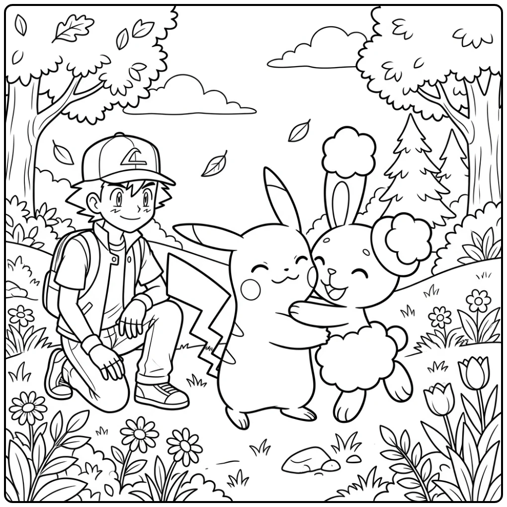 Vrolijke pikachu kleurplaat met Buneary en Satoshi.