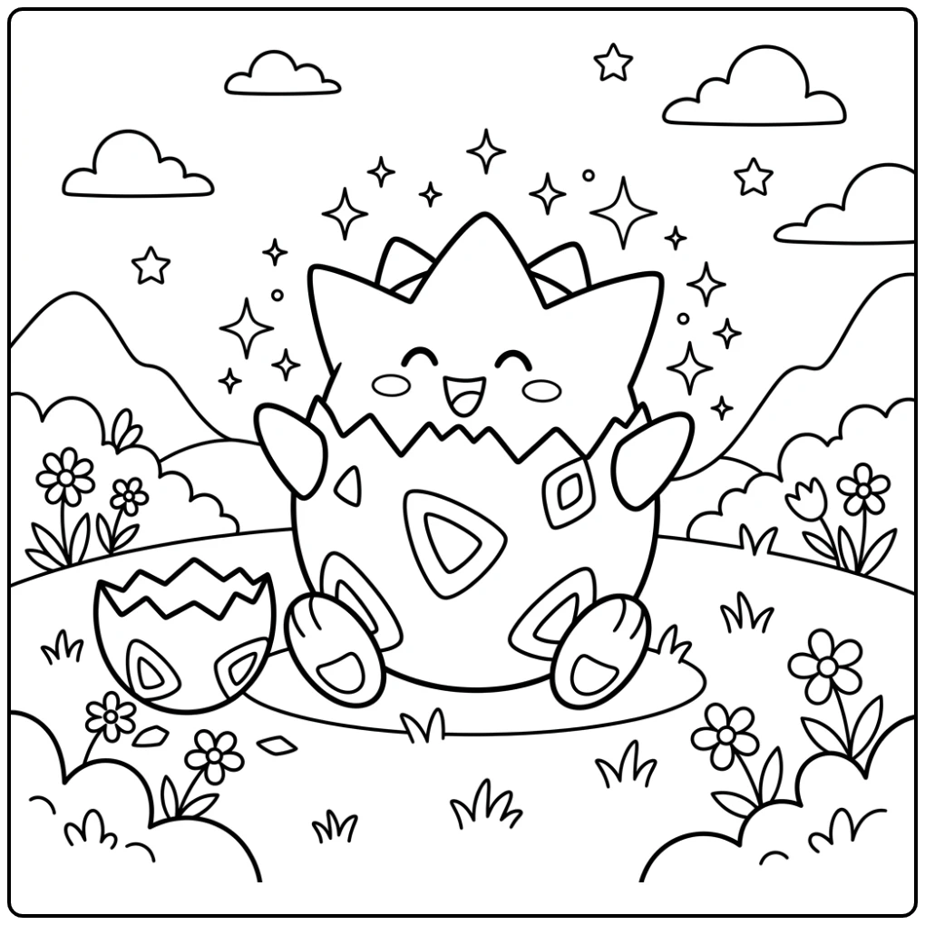 Togepi, de vrolijke pokemon kleurplaat makkelijk, zit met glinsteringen.
