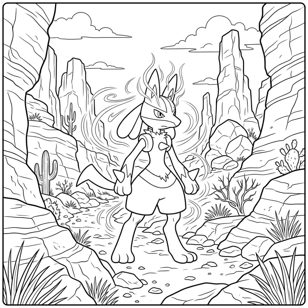 Lucario kleurplaat: Lucario wandelt door een rotsachtige kloof, aura voelend.