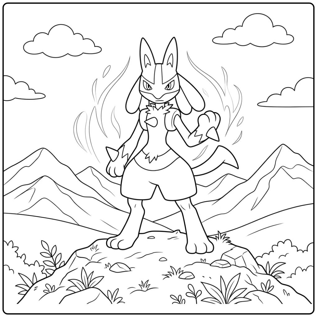 Trots staande Lucario kleurplaat op heuvel, aura voelend.