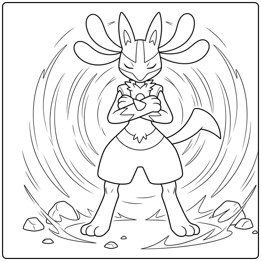 Machtige lucario kleurplaat: heroïsche pose, aura golven.