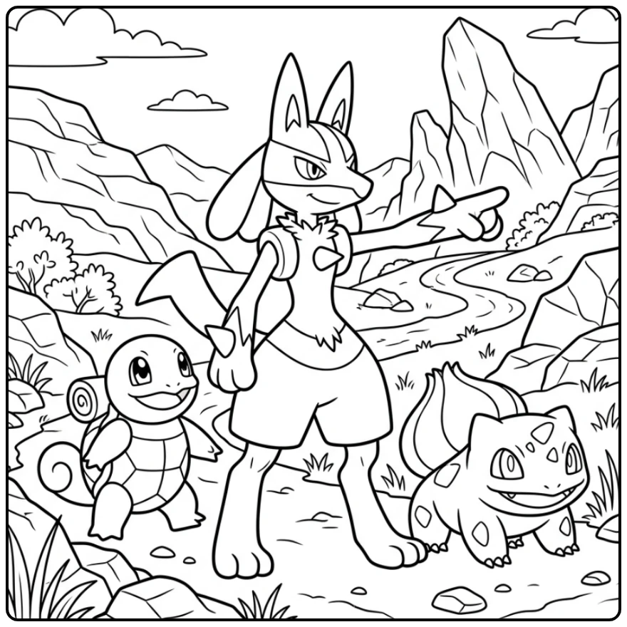 Avontuurlijke lucario kleurplaat met vrienden in de heuvels.
