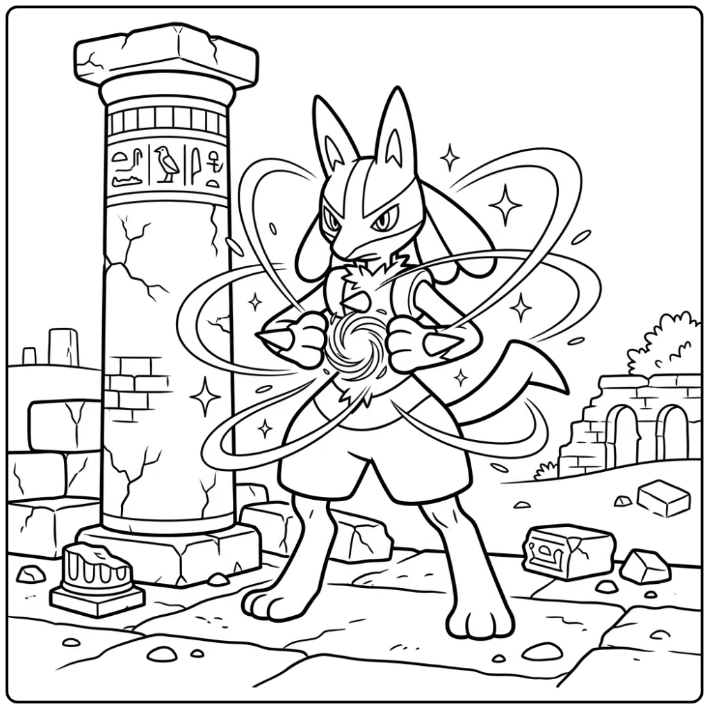 Majestueuze lucario kleurplaat bij oude ruïne, aura energie.