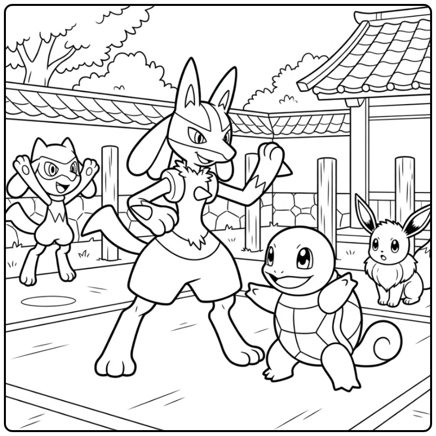 Speelse lucario kleurplaat: Lucario traint met Squirtle in de dojo.