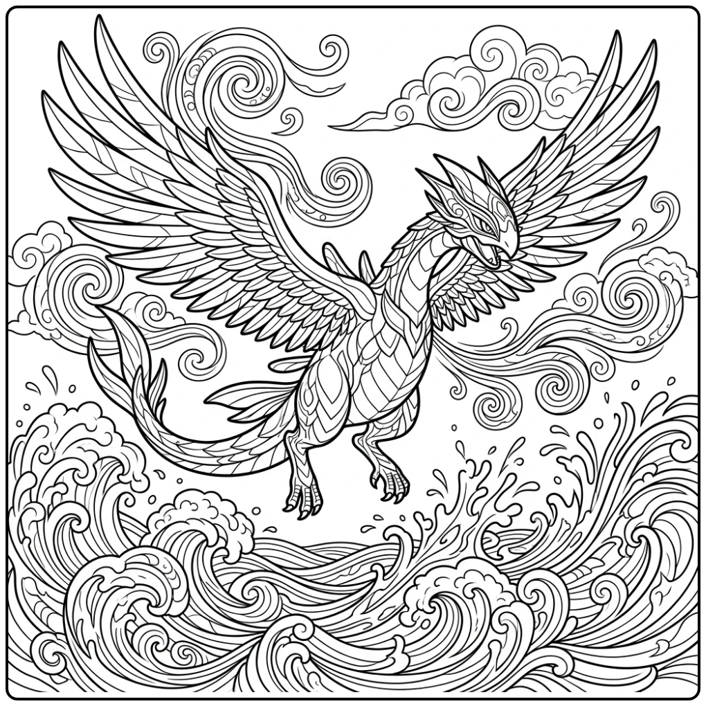 Moeilijke kleurplaat pokemon: Lugia zweeft majestueus boven golven.