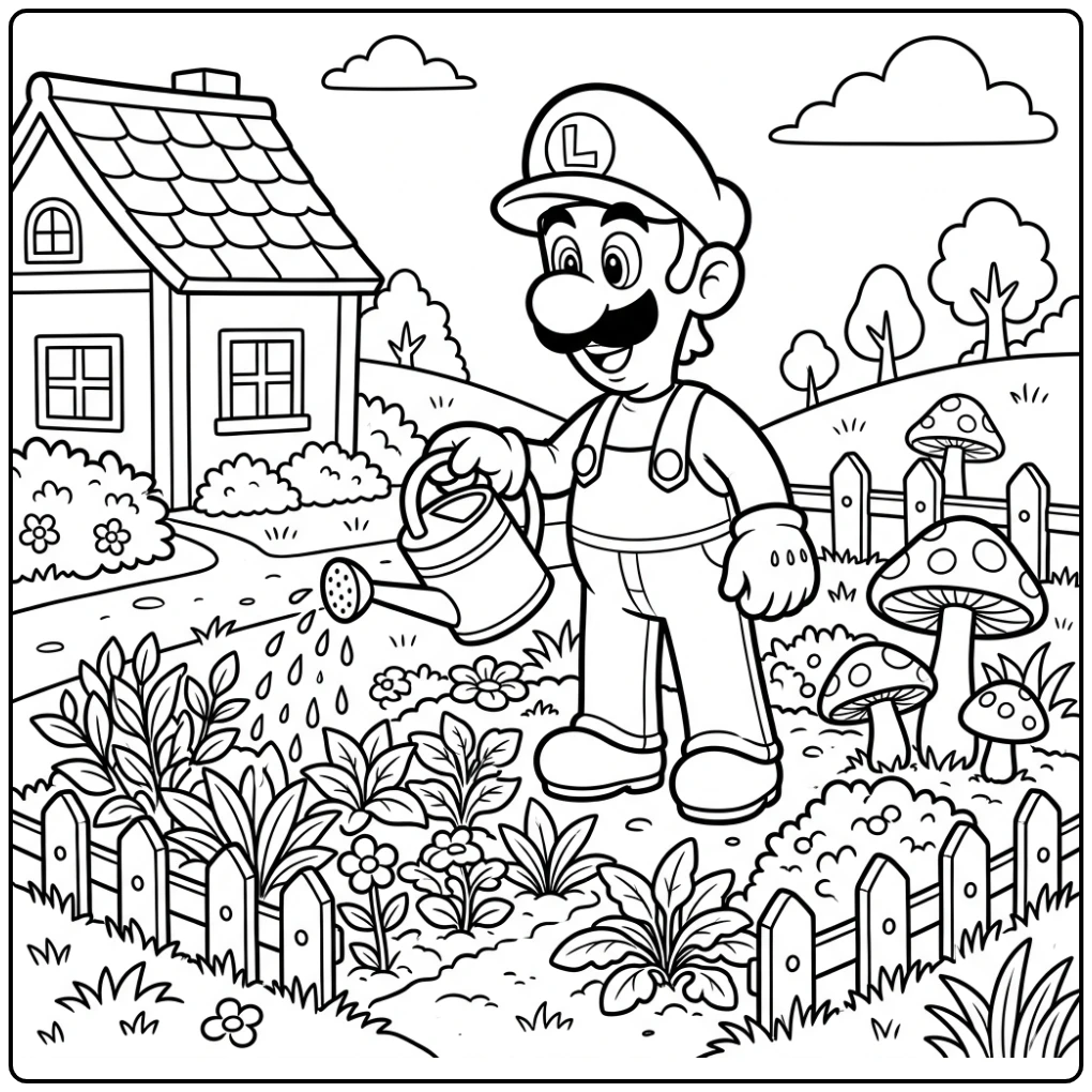 Luigi tuiniert in zijn tuin: een leuke luigi kleurplaat.
