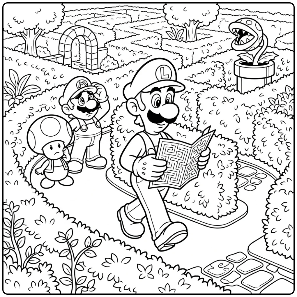 Luigi kleurplaat: Luigi navigeert door een doolhof met Mario