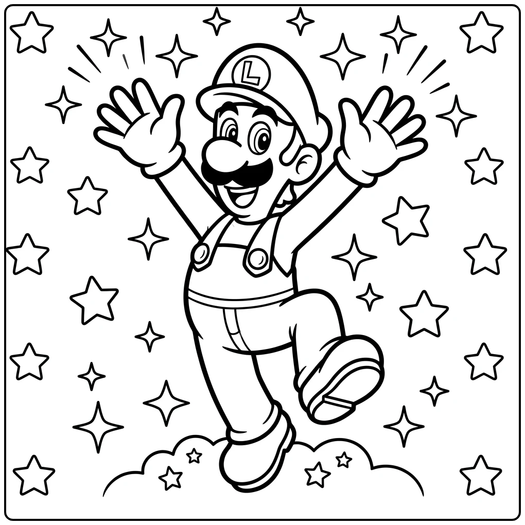 Luigi kleurplaat: Heldhaftige pose met fonkelende sterrenpracht.