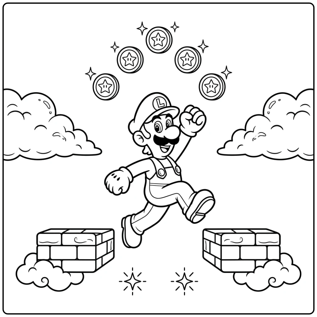 Luigi springt tussen platforms; ideale luigi kleurplaat om in te kleuren.