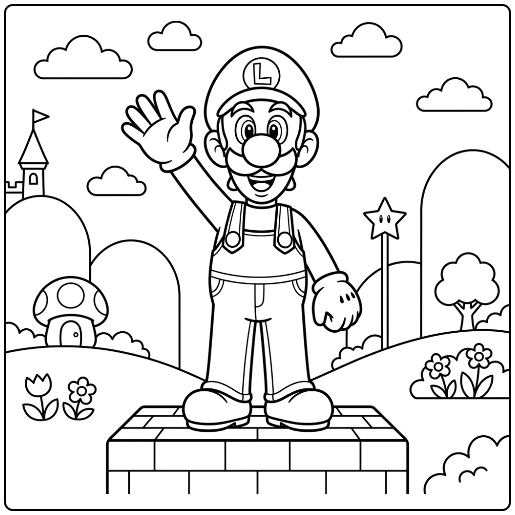 Gelukkige Luigi kleurplaat, zwaaiend op platform met wolken en heuvels.
