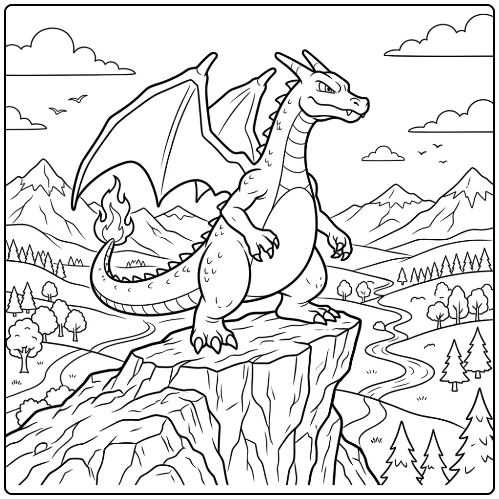 Avontuurlijke charizard kleurplaat op een rotsachtige klif.