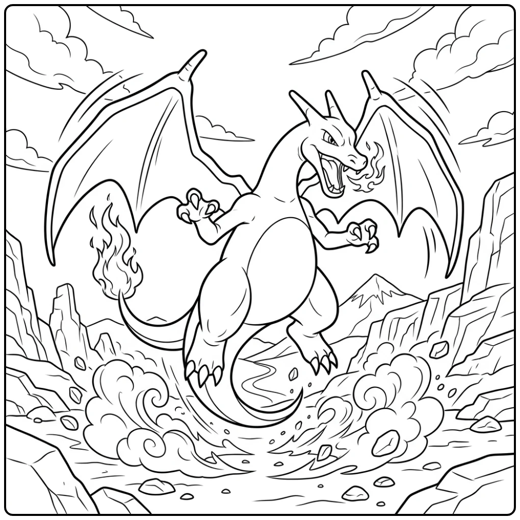 Energetische charizard kleurplaat met zwevende draak en stofwolken