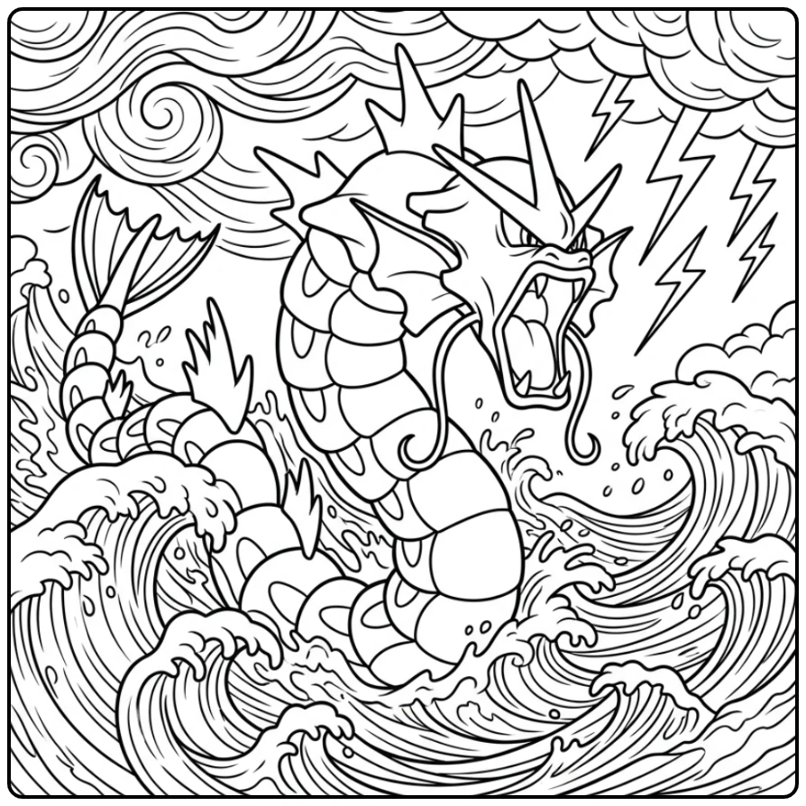 Woeste gyarados kleurplaat brullend te midden van stormgolven en bliksem.