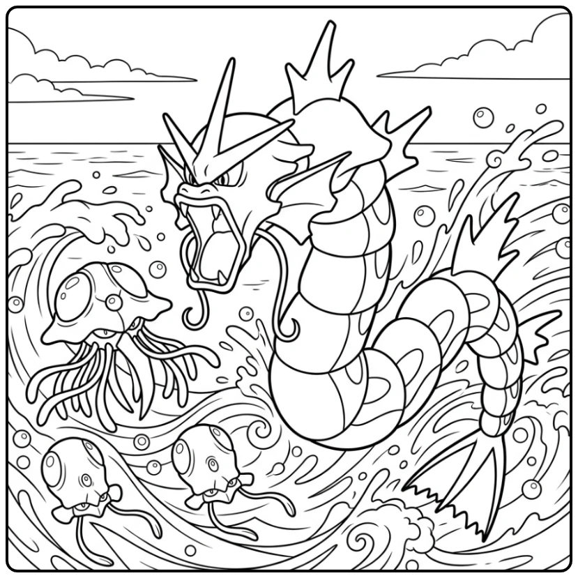 Dynamische gyarados kleurplaat in golven met Tentacruel en Tentacool.
