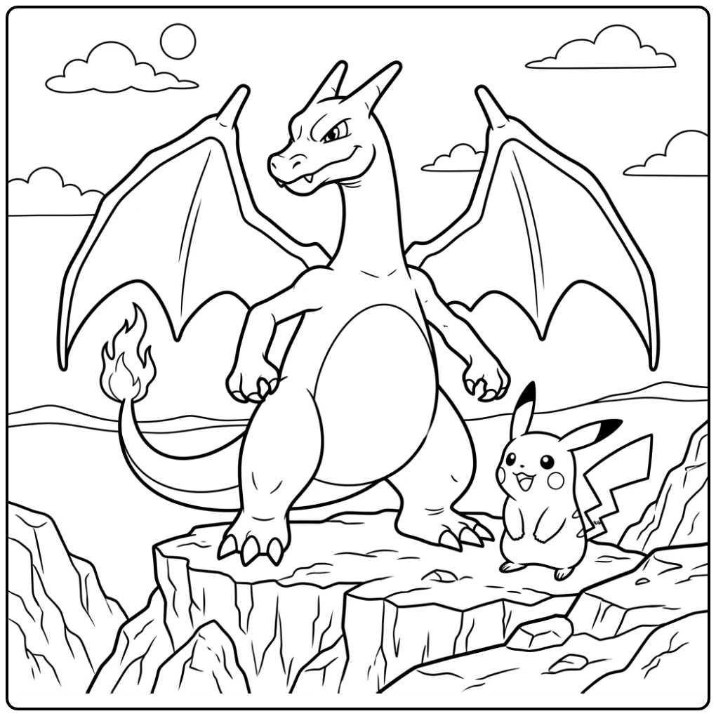 Charizard en Pikachu op rotsachtige klif; pokemon kleurplaat charizard x