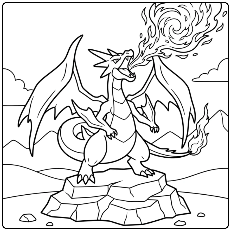 Dynamische pokemon kleurplaat mega charizard y op rots, vuur spuwend
